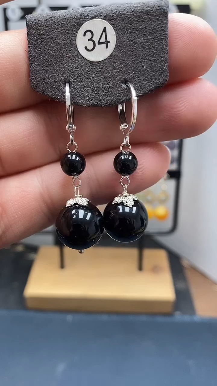 银S925镶嵌黑曜岩耳饰尺寸14mm耳扣连珠