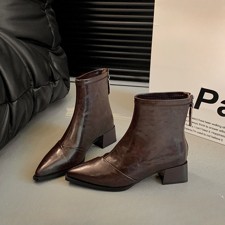 羊皮版~法式尖头粗跟瘦瘦靴女款2025新款时髦洋气英伦风短靴女靴