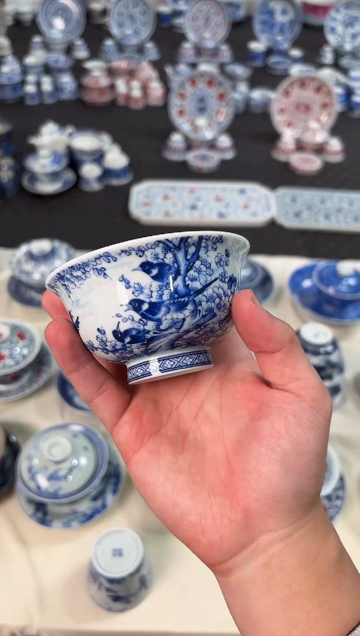 杯子瓷景德镇陶瓷茶具青花喜上眉梢压手杯