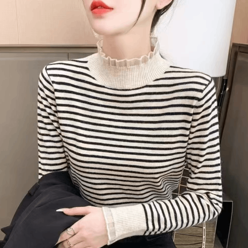 【木耳边打底】女士秋冬上衣长袖条纹打底衫洋气内搭时尚显瘦