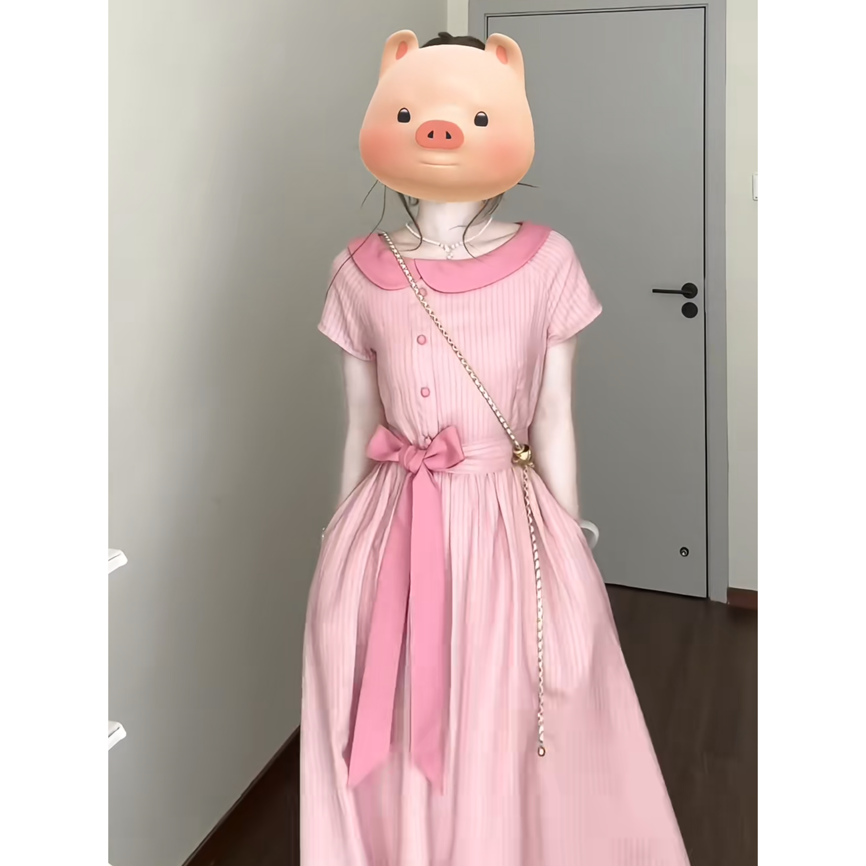 法式温柔风娃娃领粉色条纹连衣裙女2025新款蝴蝶结收腰遮肉a字裙