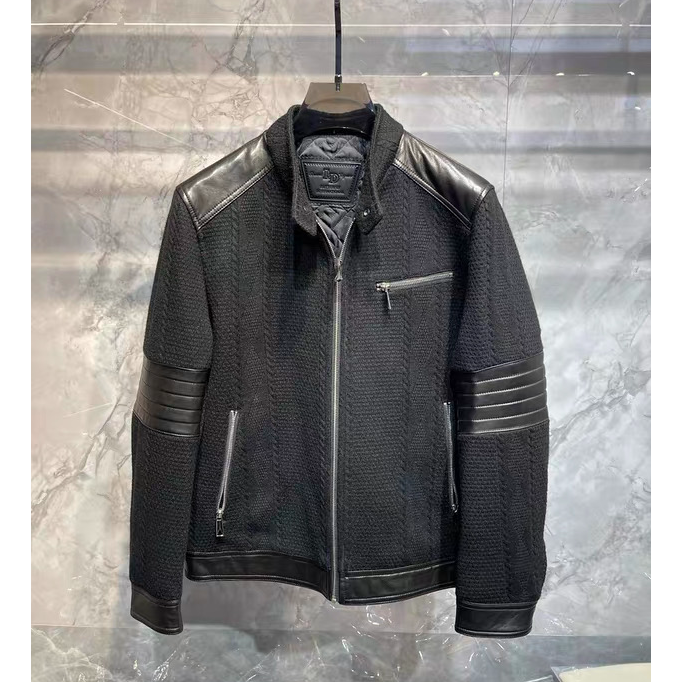 秋冬男士休闲百搭高品质针织真皮拼接立领夹克修身外套25880