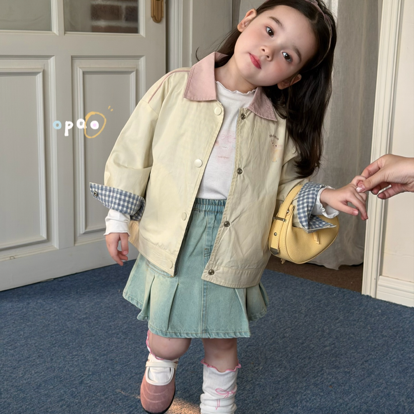 Opao·26春～两面穿奶黄色拼格子外套半裙套装7111 6127 2059（汉服