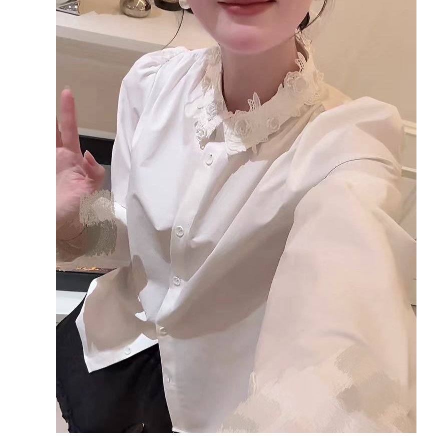 D8918冬季新品法式轻奢花边立领百搭衬衫