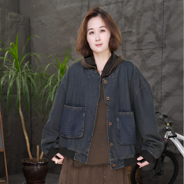 【回纹口袋】qq圆领女立领落肩袖螺纹下摆短外套大码百搭牛仔秋冬