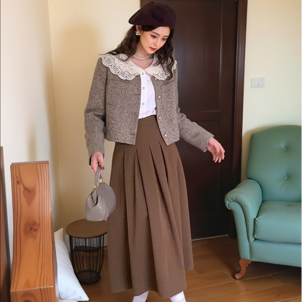 大码女装300斤胖MM小香风外套衬衫半身裙三件套装66558