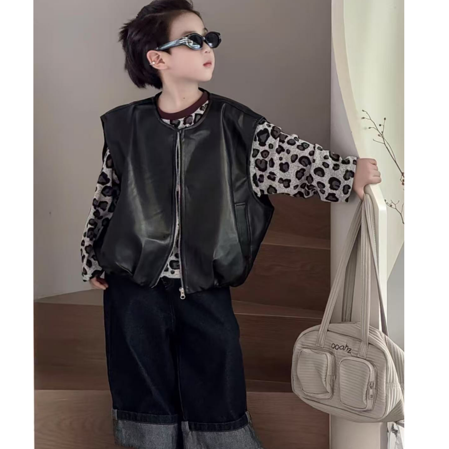 韩国童装2025秋新款儿童复古皮衣马甲豹纹长袖韩版宽松牛仔裤套装