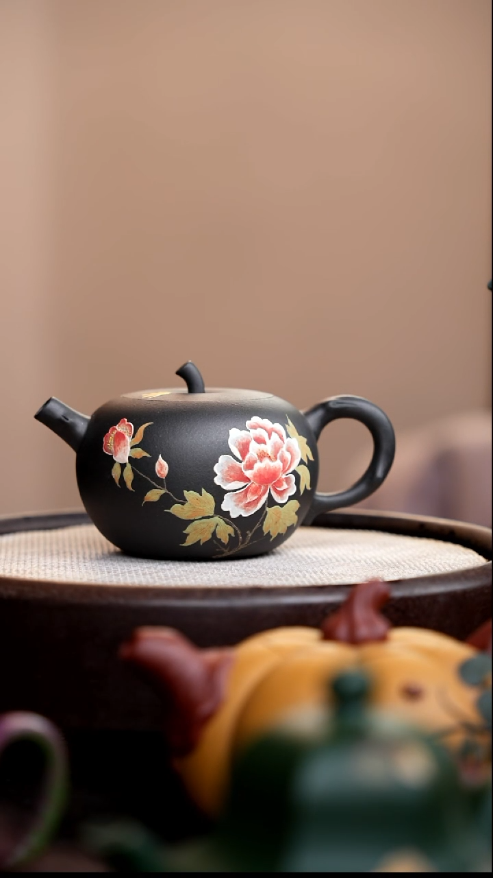 茶壶紫砂云雾天青苹果壶泥绘花