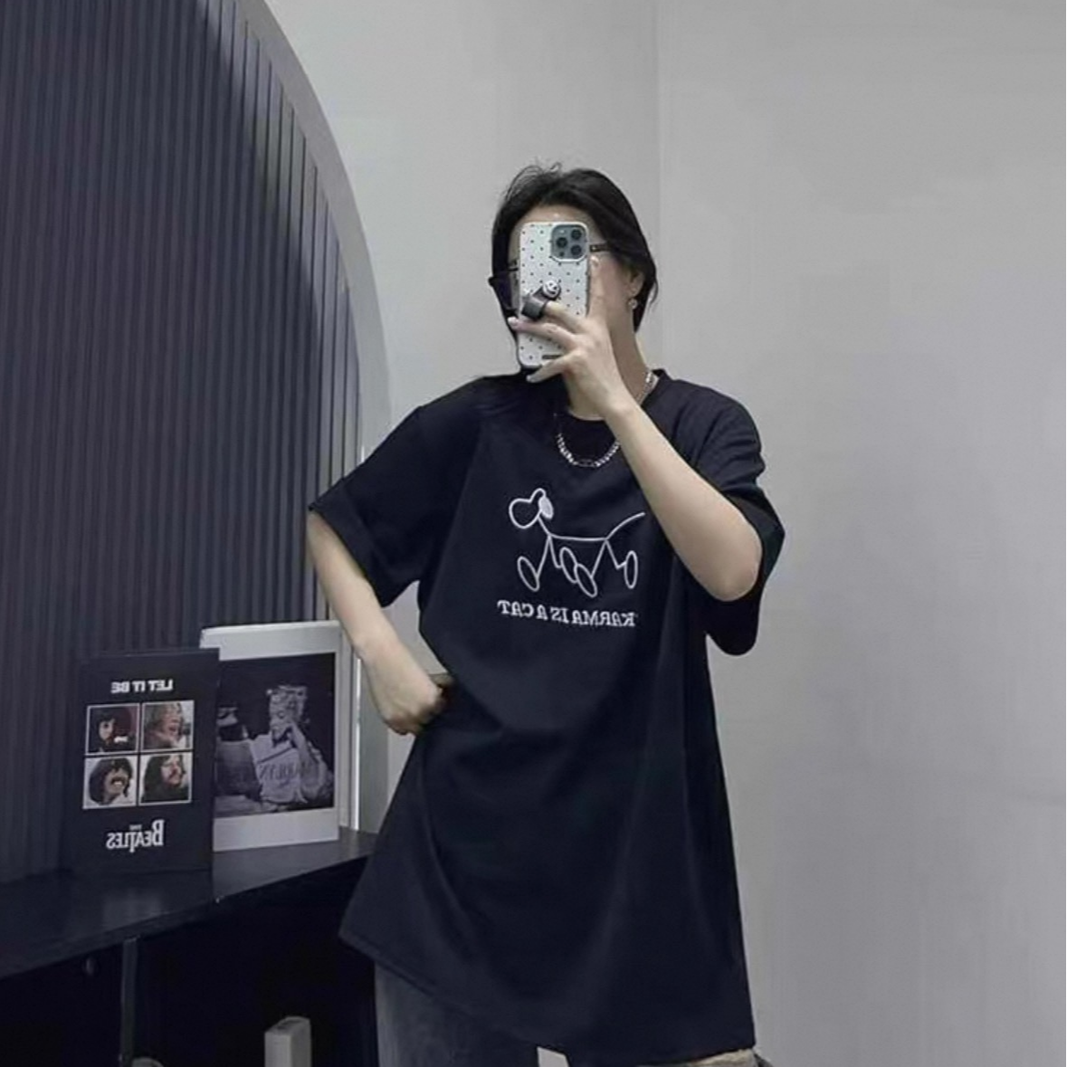 南油男女同款高克重火柴狗短袖宽松设计师黑色