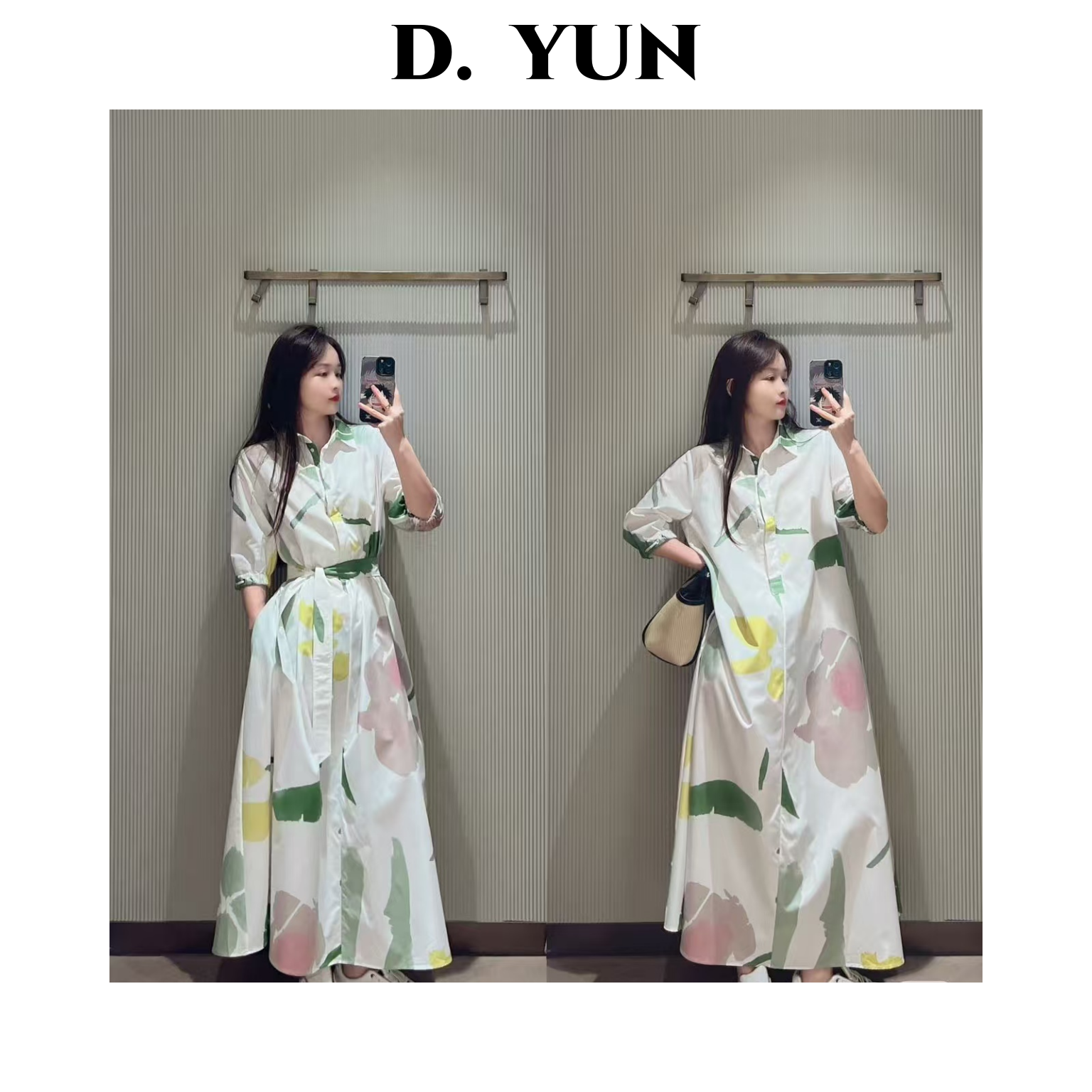 云村-【艺术感满满】女士夏季棉府绸印花衬衫式收腰连衣裙