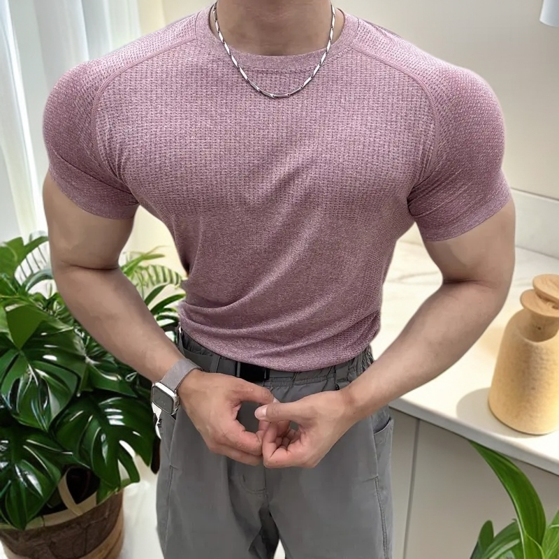 美式无缝提花运动短袖夏季纯色速干训练健身吸汗弹力透气运动上衣