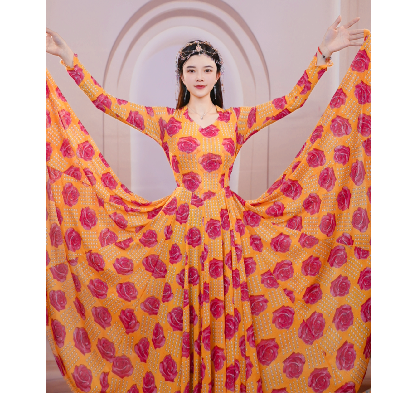 新款香槟玫瑰连衣裙时尚百搭修身720优雅夏