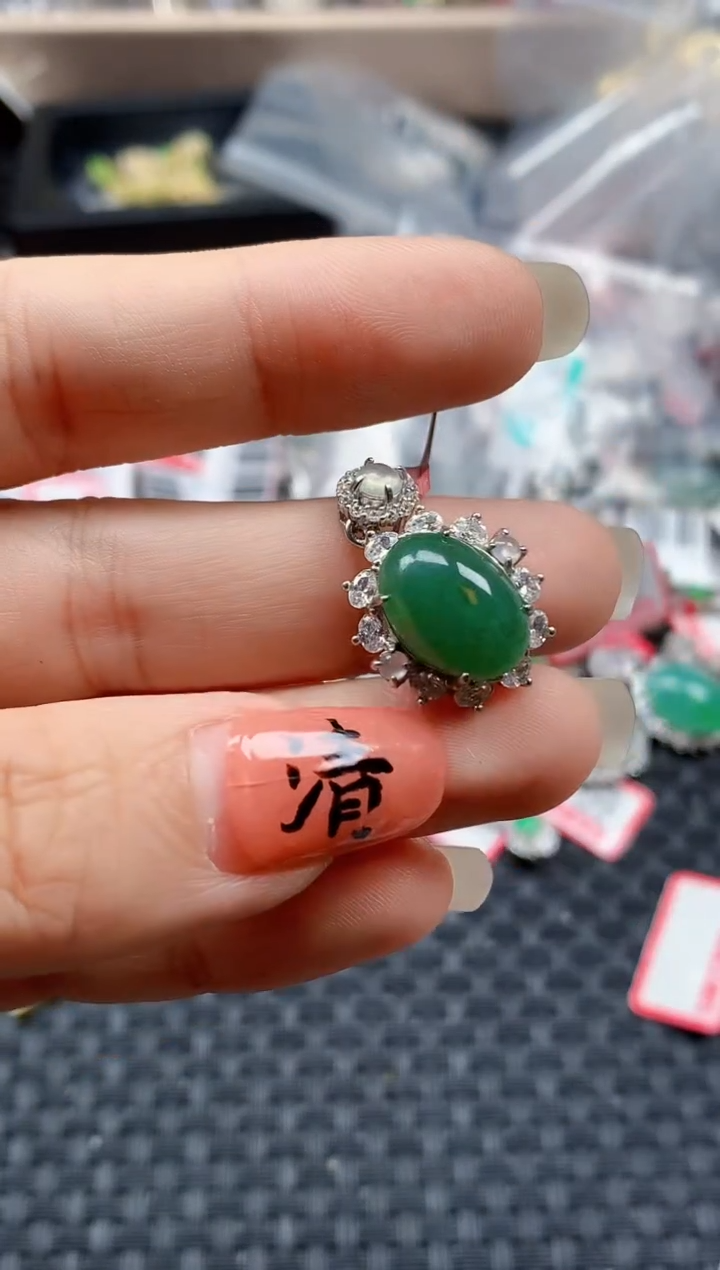 银S925镶嵌戒指翡翠天然A货缅甸翡翠