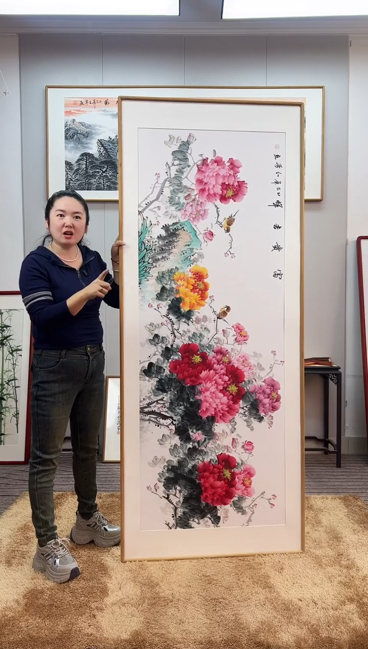 国画手绘牡丹202*82尺寸