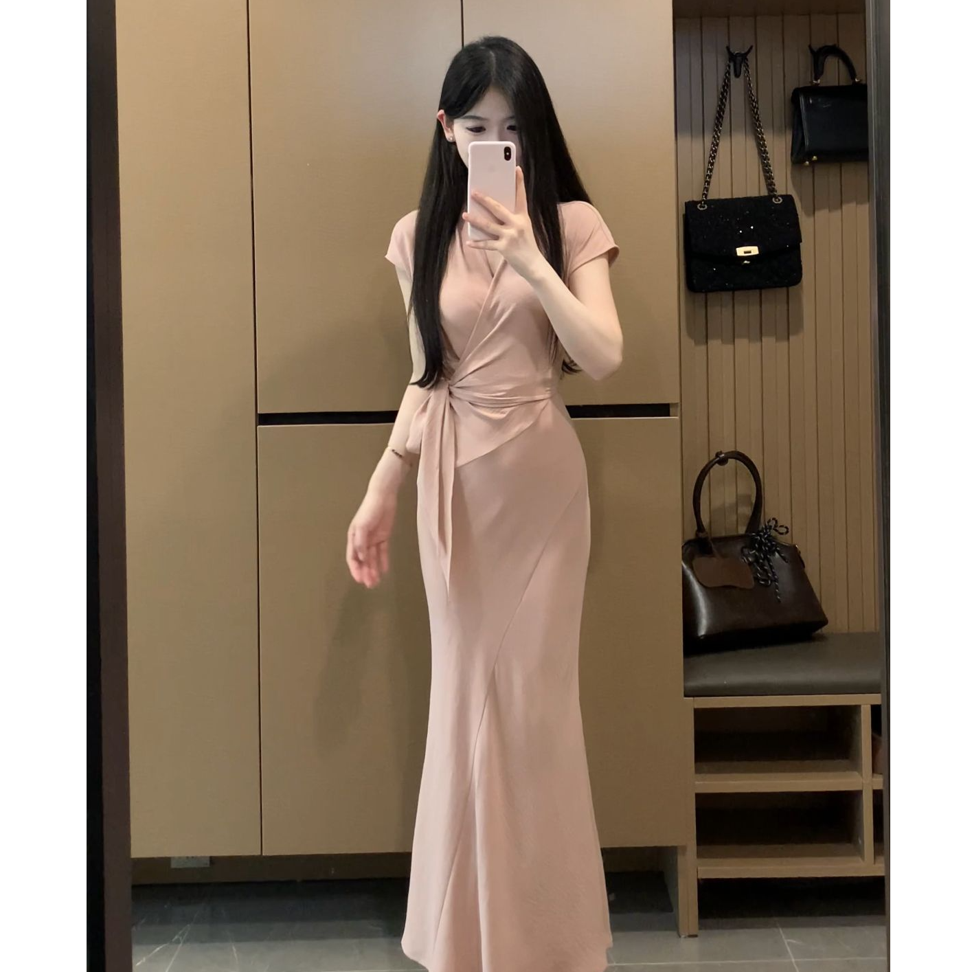 【初恋月光】夏季新款V领气质收腰绑带长裙冰丝凉感连衣裙XY-188