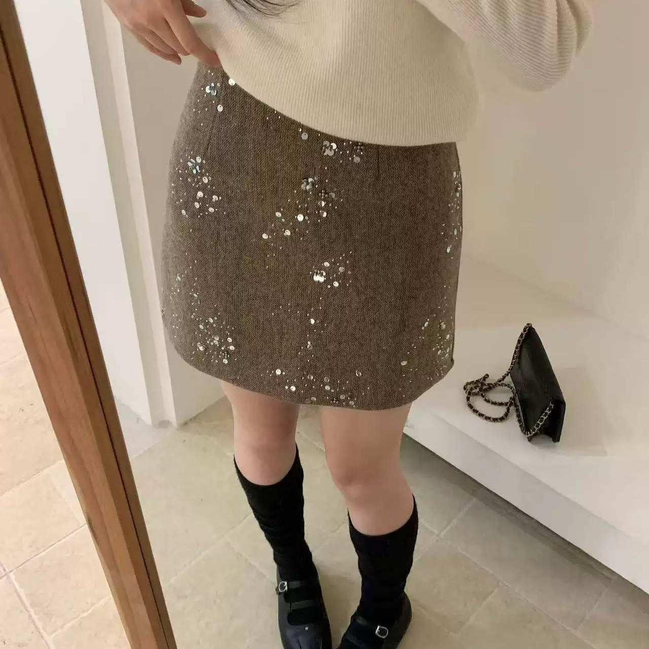 敏敏推荐【鎏光梦幻】重工亮片百搭气质显瘦a字半身短裙8028