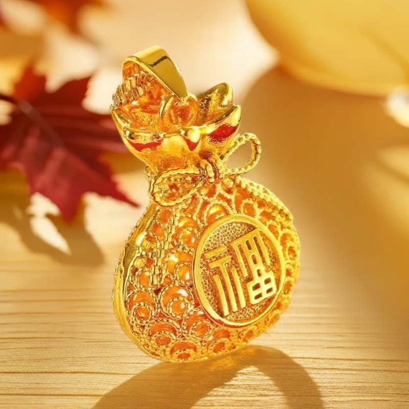 【D】黄色小巧设计掐丝工艺镂空如意钱袋吊坠【SCD07】