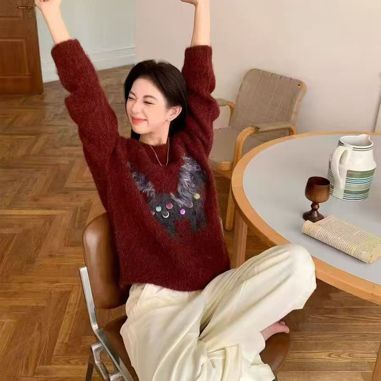 慵懒风小马亮片圣诞新年氛围感套头毛衣女2025秋冬季软糯亲肤上衣