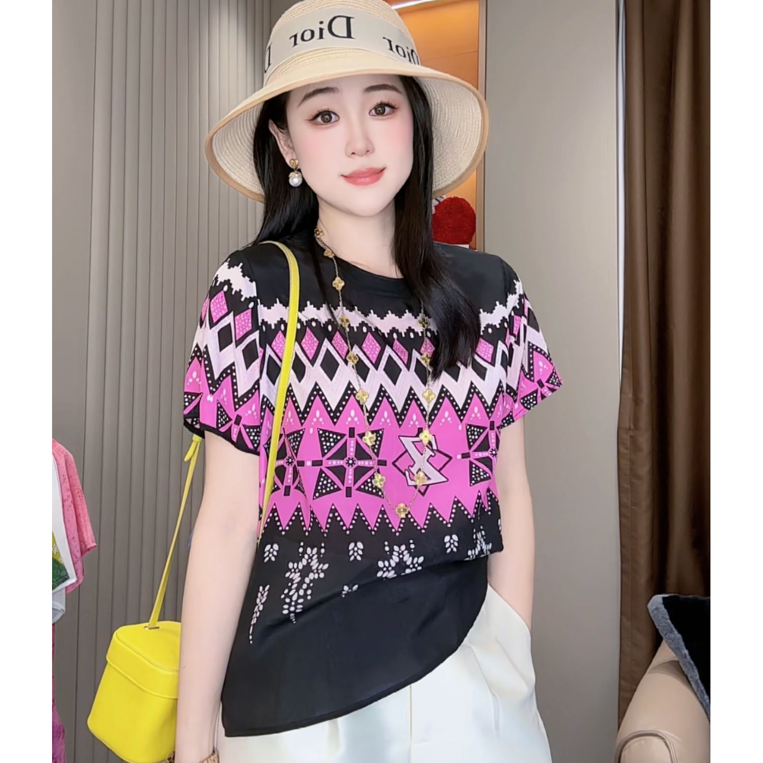 【丝芙玉禄】（F466）100%真丝双绉条纹创意菱格桑蚕丝t恤上衣