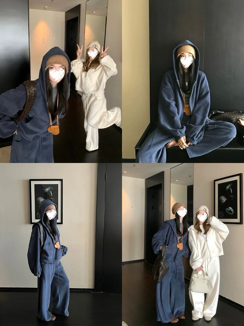 【6色可入】双面绒高克重加厚连帽卫衣外套+阔腿裤两件套装女冬季