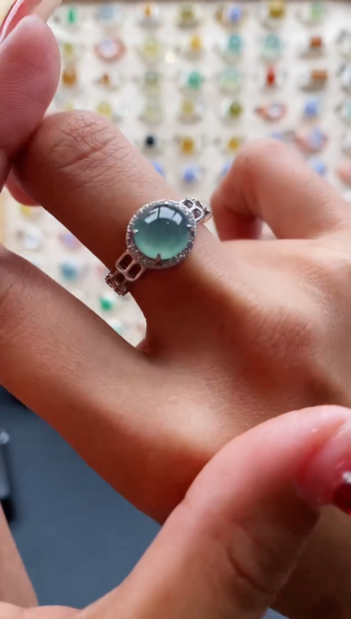 【闪购商品】翡翠戒指银S925镶嵌缅甸天然A货翡翠111 7+2