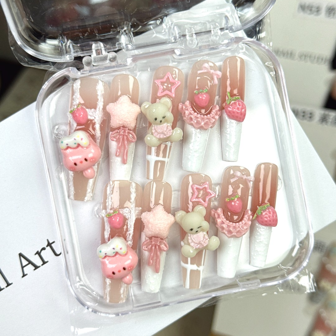 24【草莓奶昔】小蛮手工甲可爱甜妹INS风显白美甲美甲穿戴甲片