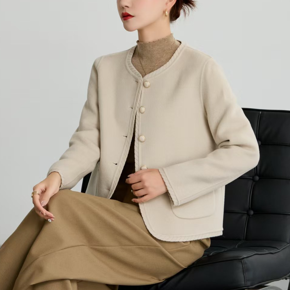 【100%高支羊毛】数兰朵冬季双面时尚小香风 厚款羊毛毛呢短外套