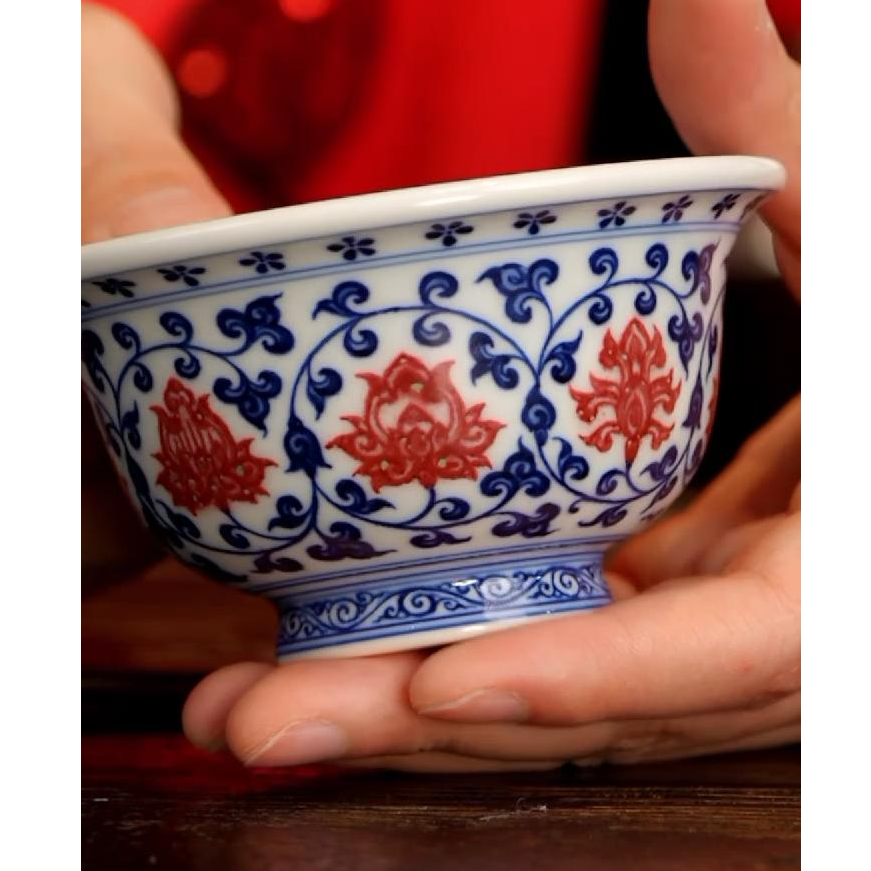 【小乔赏瓷】 沐茗古韵主人杯手工手绘缠枝压手（内绘缠枝狮心）