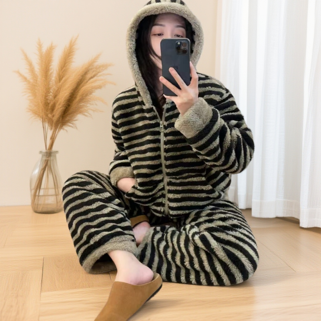 【情侣咖啡】冬季加厚连帽保暖宽松睡衣条纹毛绒家居服套装冬款