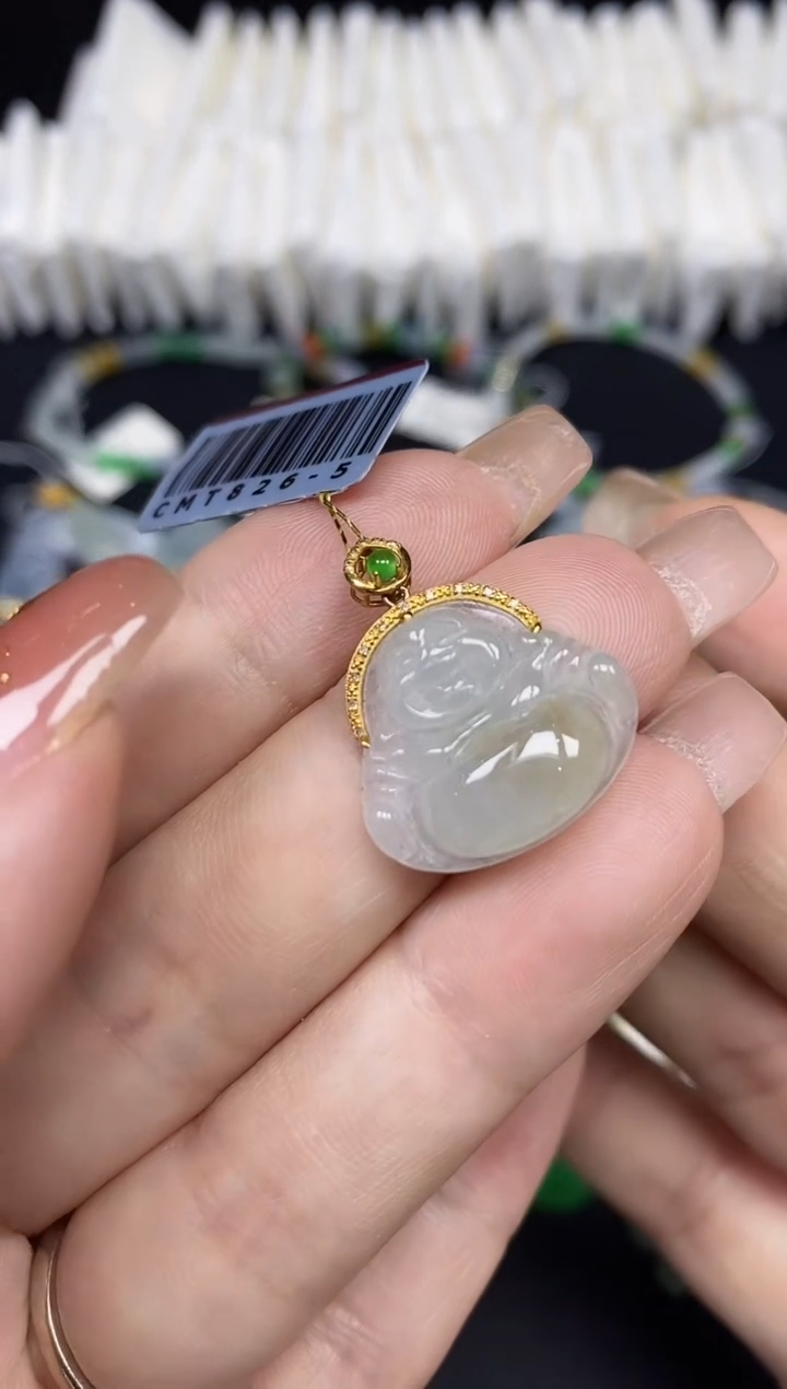 吊坠(不含链)18K金镶嵌翡翠佛公18K金扣镶嵌@@CMT826-5