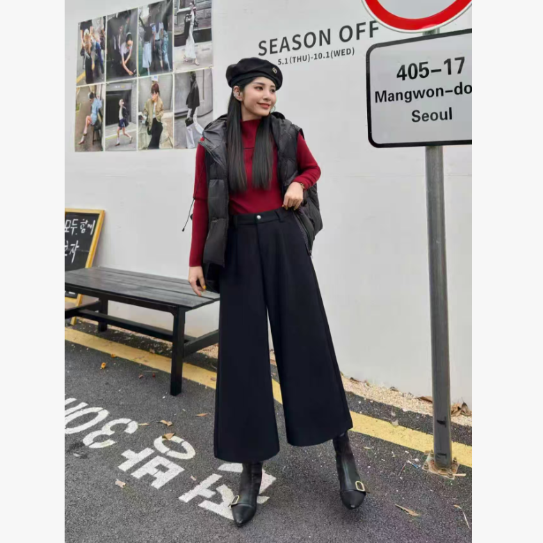 2025冬季新款韩版加厚高腰毛呢羊毛阔腿休闲裤#27113【裤长86】