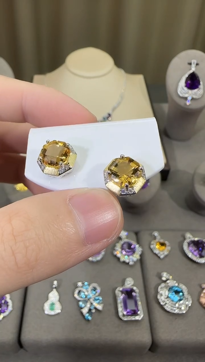 银S925镶嵌耳饰黄晶10mm耳钉设计款