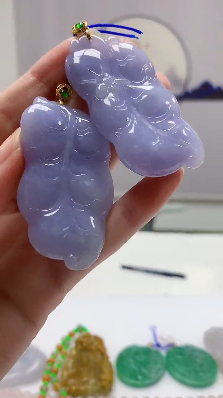 【闪购商品】定制翡翠18K金镶嵌5060zm-JJ一对挂件叶子53