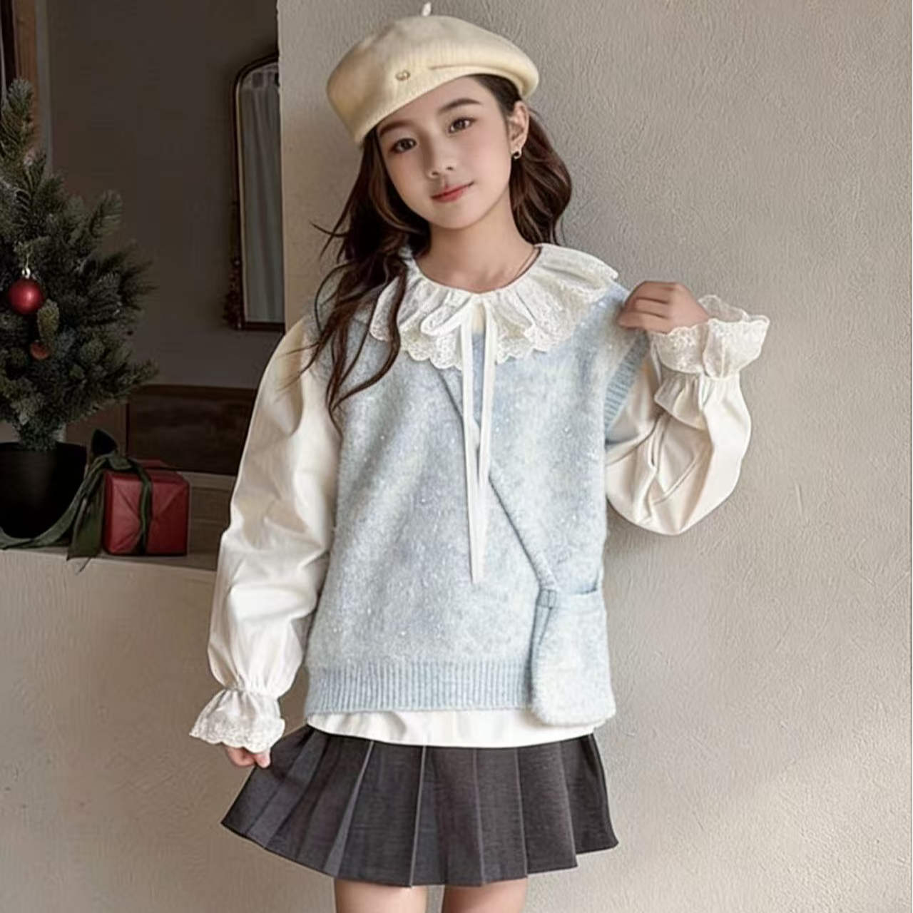 女童秋季衬衫2025新款韩系时尚百搭无袖针织背心毛衣两件套 8603