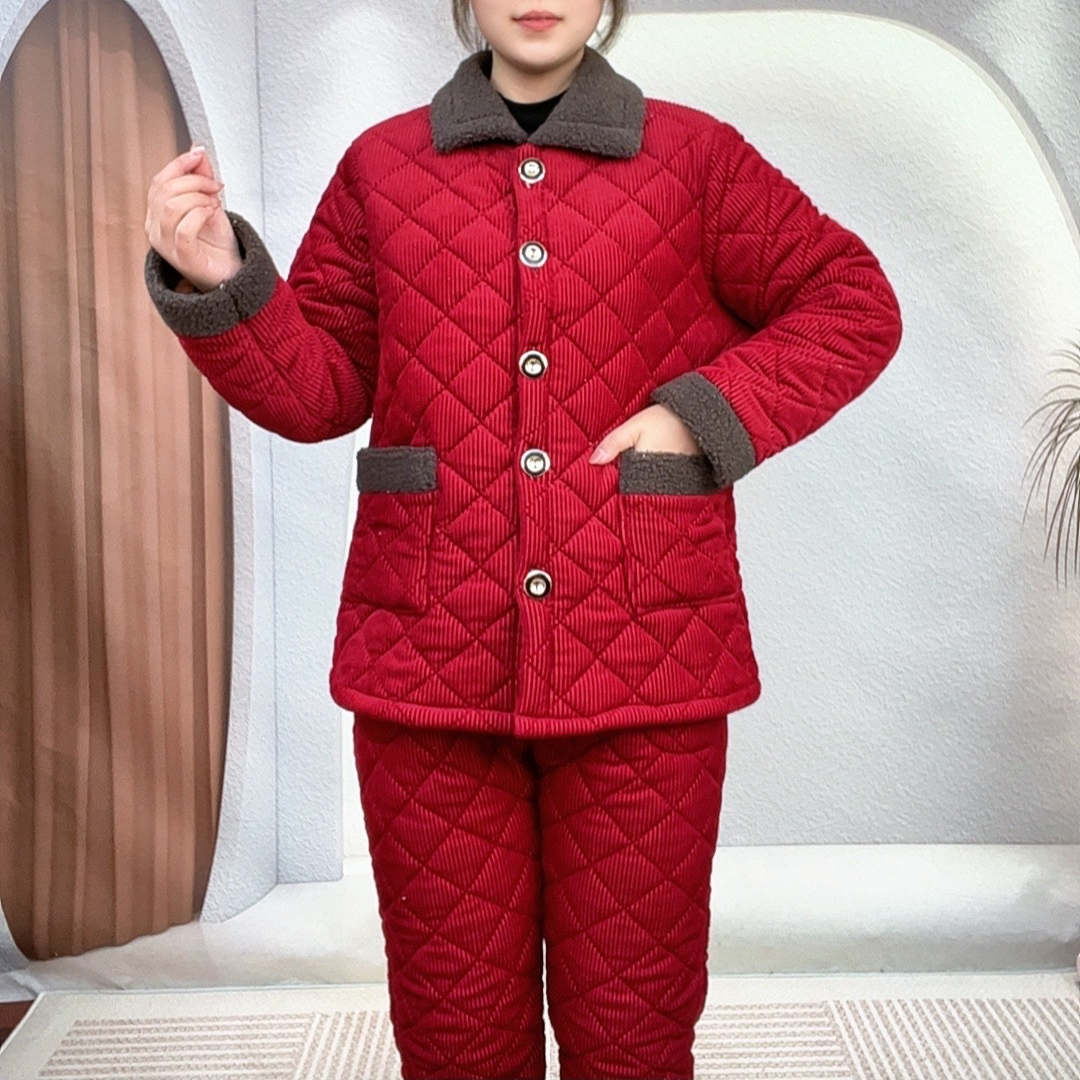 妈妈冬装加绒加厚棉袄灯芯绒套装中老年女保暖居家棉衣棉裤两件套