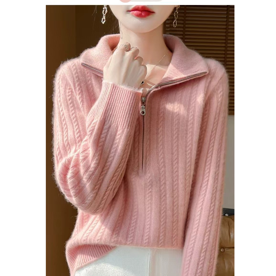 怡青创意6【现货 高品质】设计感满满羊毛羊绒衫半拉链翻领千金风