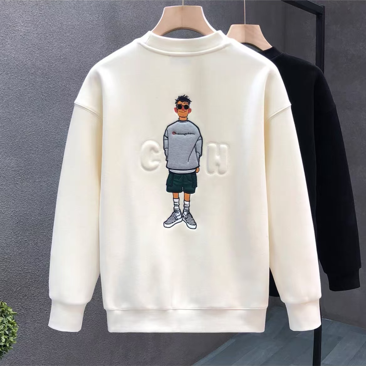 加绒加厚冬季新款加绒加厚卫衣印花潮流宽松长袖男士圆领保暖