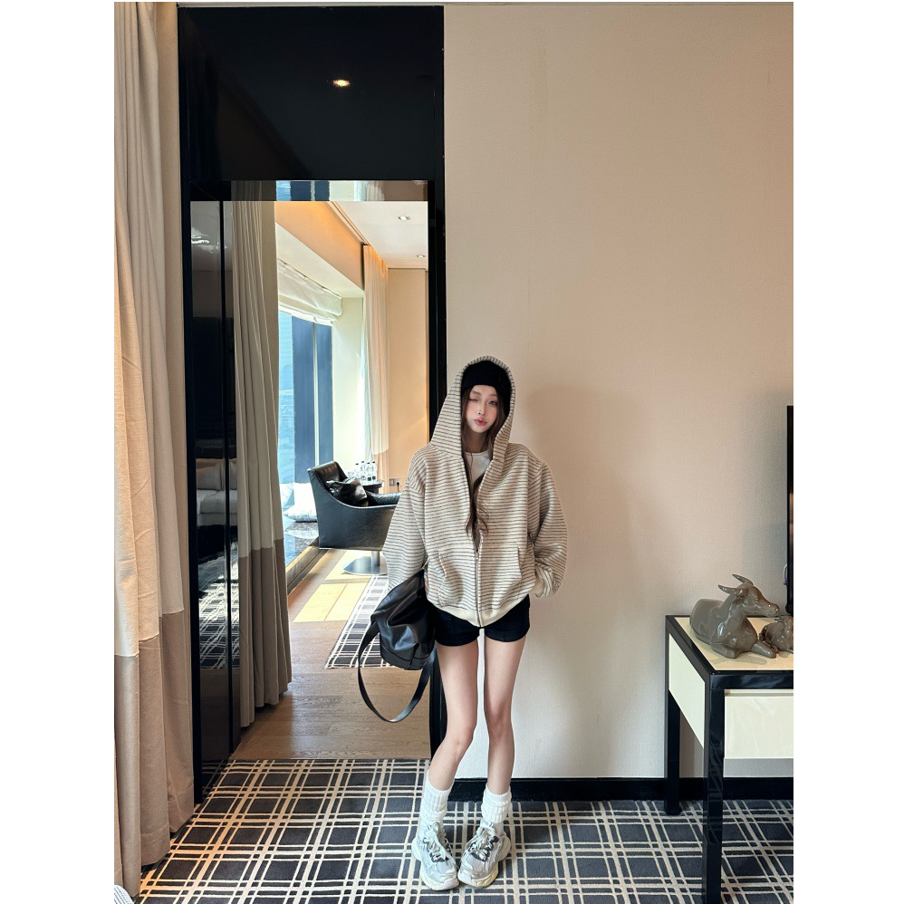 条纹连帽拉链外套小众休闲宽松美式开衫卫衣A1243