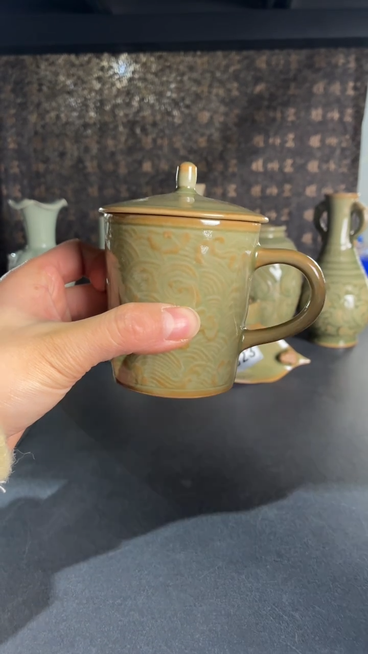 耀州窑仰山微瑕落花流水咖啡杯带盖