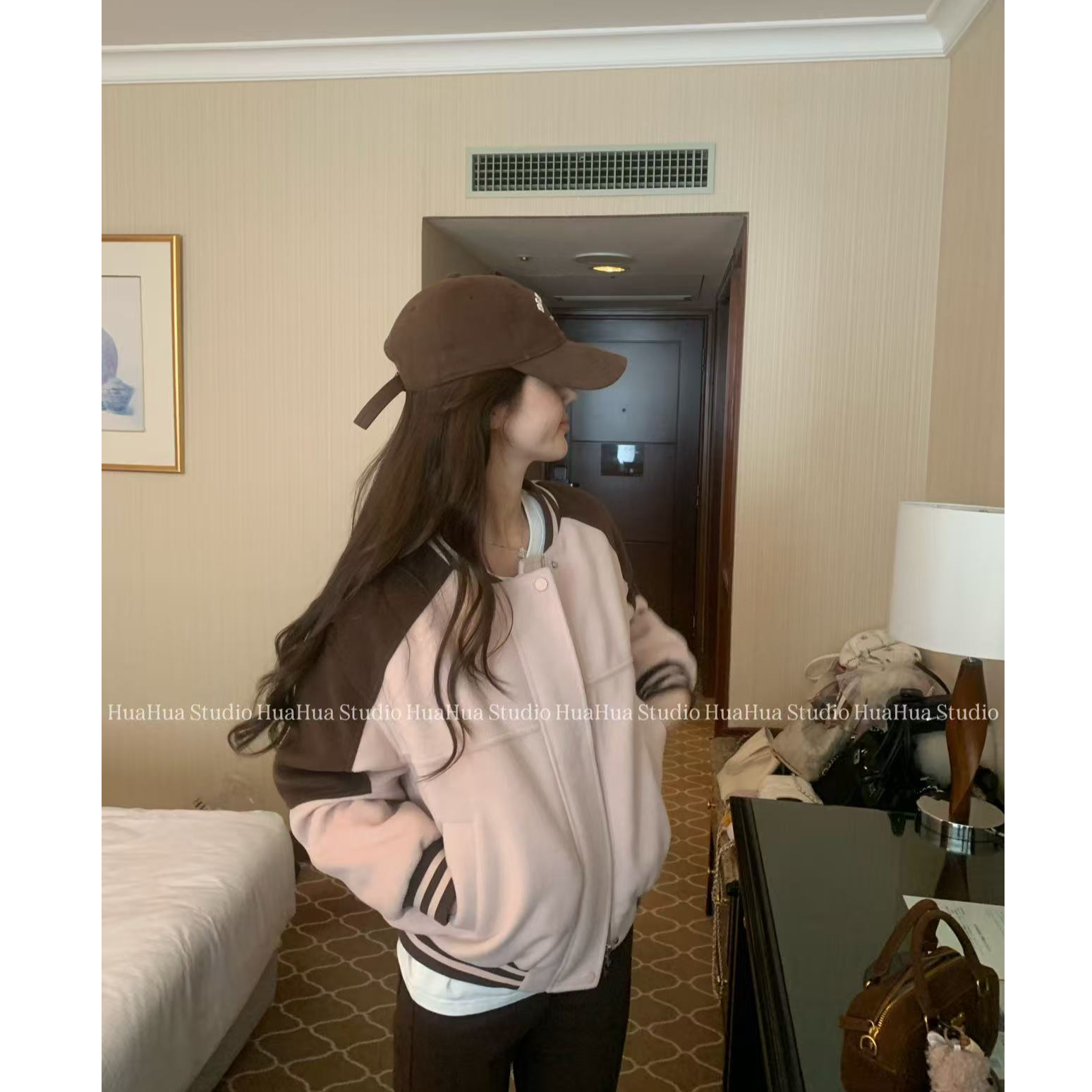 【花花】暖棕棒球服~韩系粉咖撞色设计感宽松休闲百搭羽绒外套