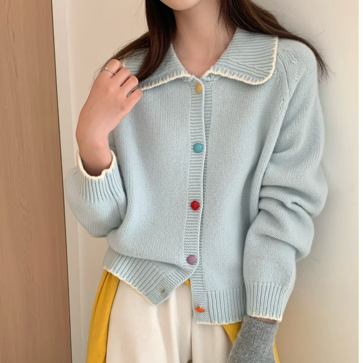 {彩色方糖} 100%羊毛韩系厚款宽松休闲甜美风翻领彩扣开衫