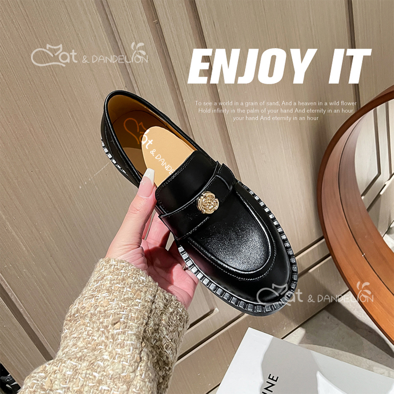 四季通用山茶花内增高乐福鞋女英伦风小皮鞋厚底一脚蹬小个子单鞋