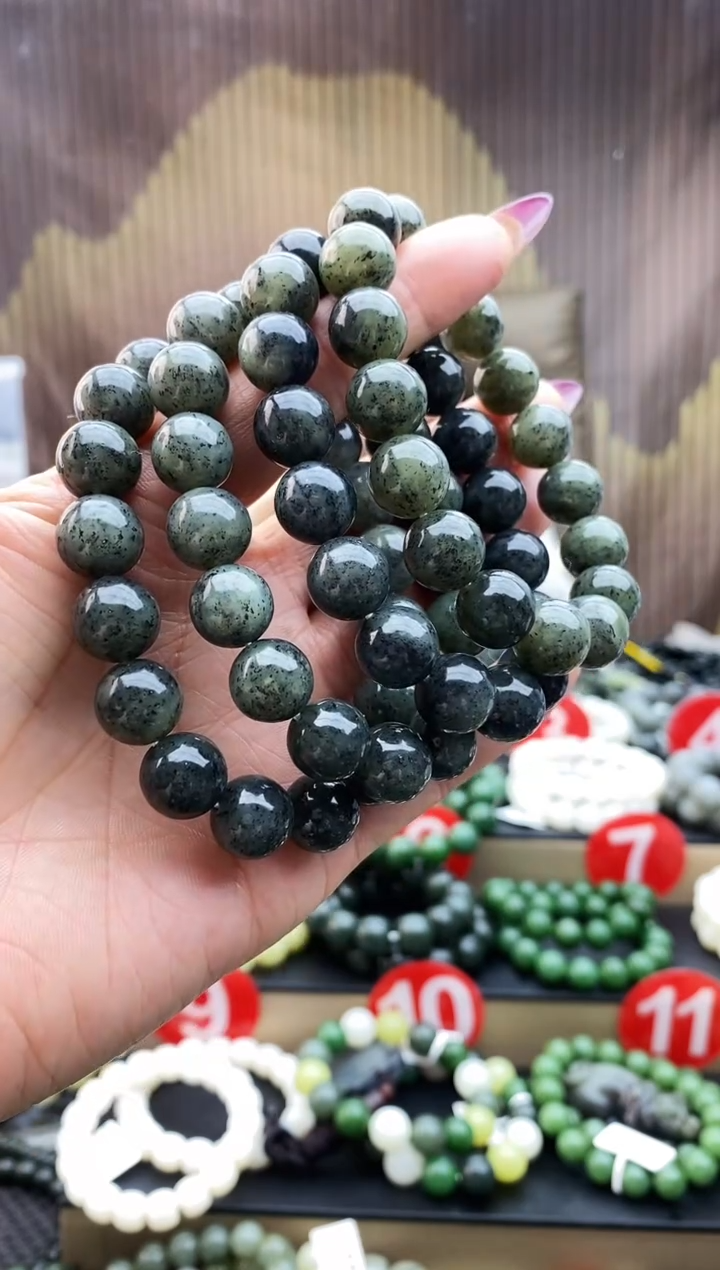 未镶嵌手串和田玉点墨青花12拍一发一