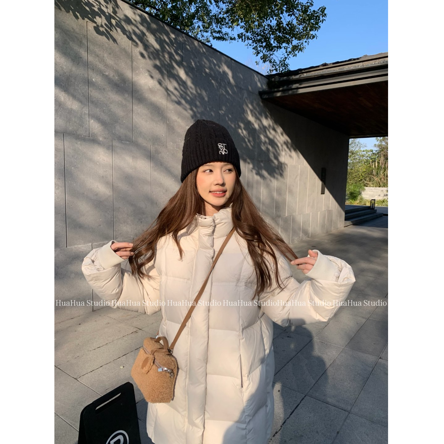 【花花】乳酪小方~韩系立领90白鸭绒宽松保暖时尚中长款羽绒服