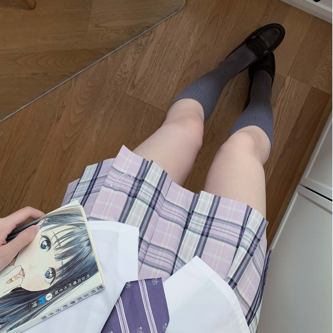 【紫信筏】梨谱熊原创格裙正版学院风jk制服紫色刺绣校供感半身裙