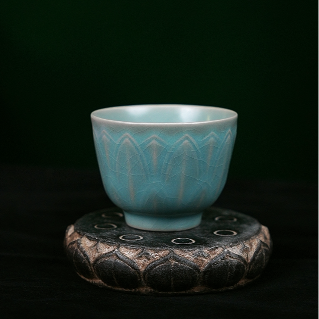 汝瓷仿古釉天青色暗刻莲瓣杯微瑕 纯手工支钉烧容量110-140毫升