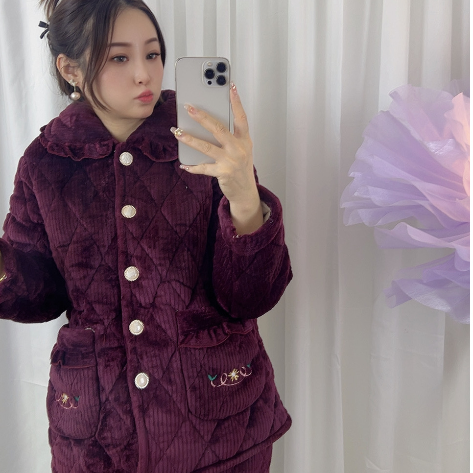 妈妈款冬季花边口袋三层加棉加厚家居服套装200睡衣