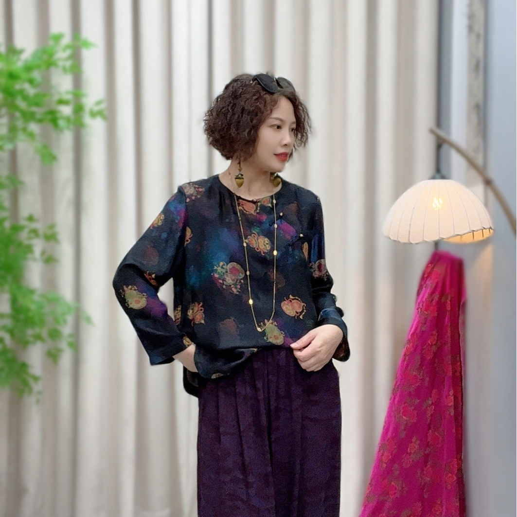 【蚕朵儿】100桑蚕丝香云纱斜门襟新中式国风上衣25C113