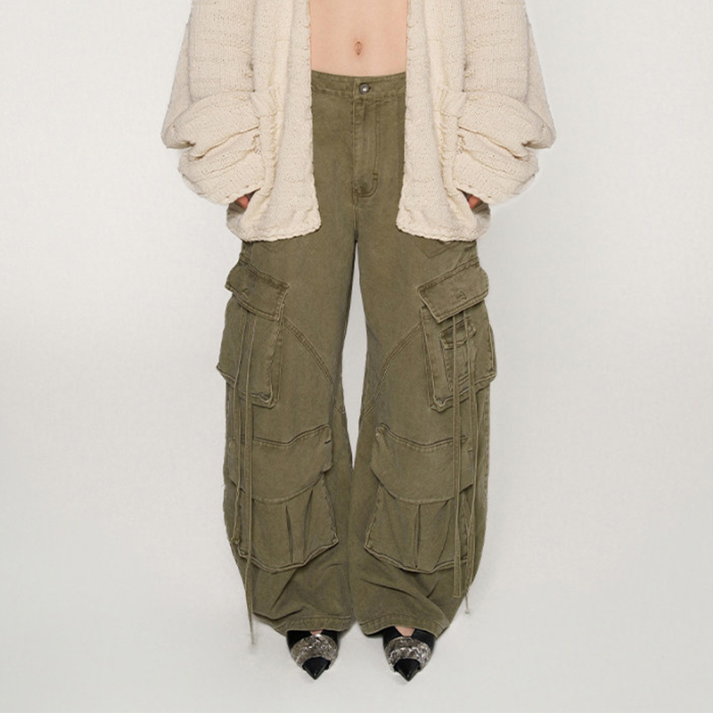 河岸家设计师SENSEAWEEK休闲宽松飘带阔腿工装长裤女26春夏