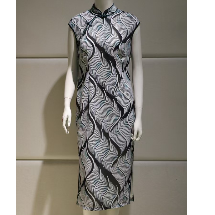 凤禧夏季花色波浪纹无袖立领修身旗袍中长款显瘦印花